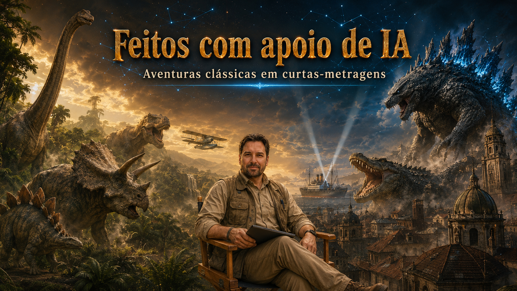 Diretor de cinema entre uma floresta com dinossauros e uma cidade ameaçada por monstros gigantes.