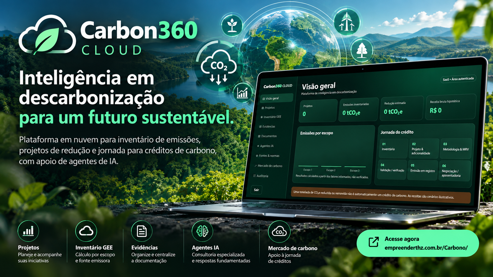 Capa Carbon360 CLOUD com dashboard de emissões e floresta
