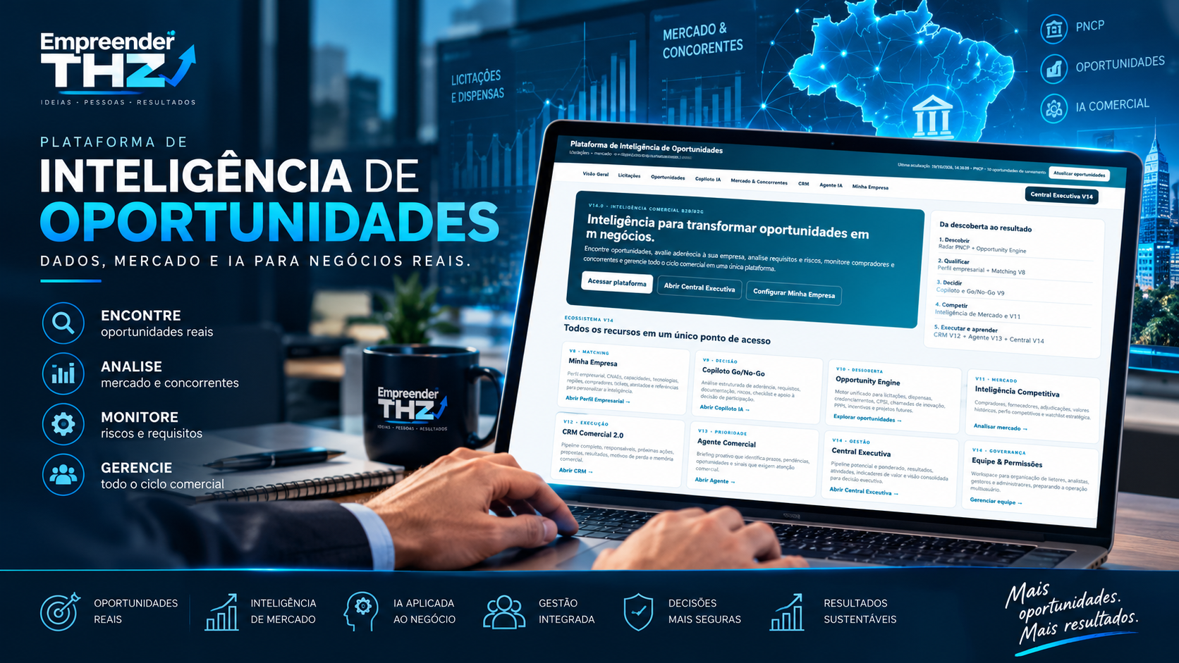 Tela da Plataforma de Inteligência de Oportunidades em Licitações, com módulos de descoberta, qualificação, decisão, CRM e inteligência comercial