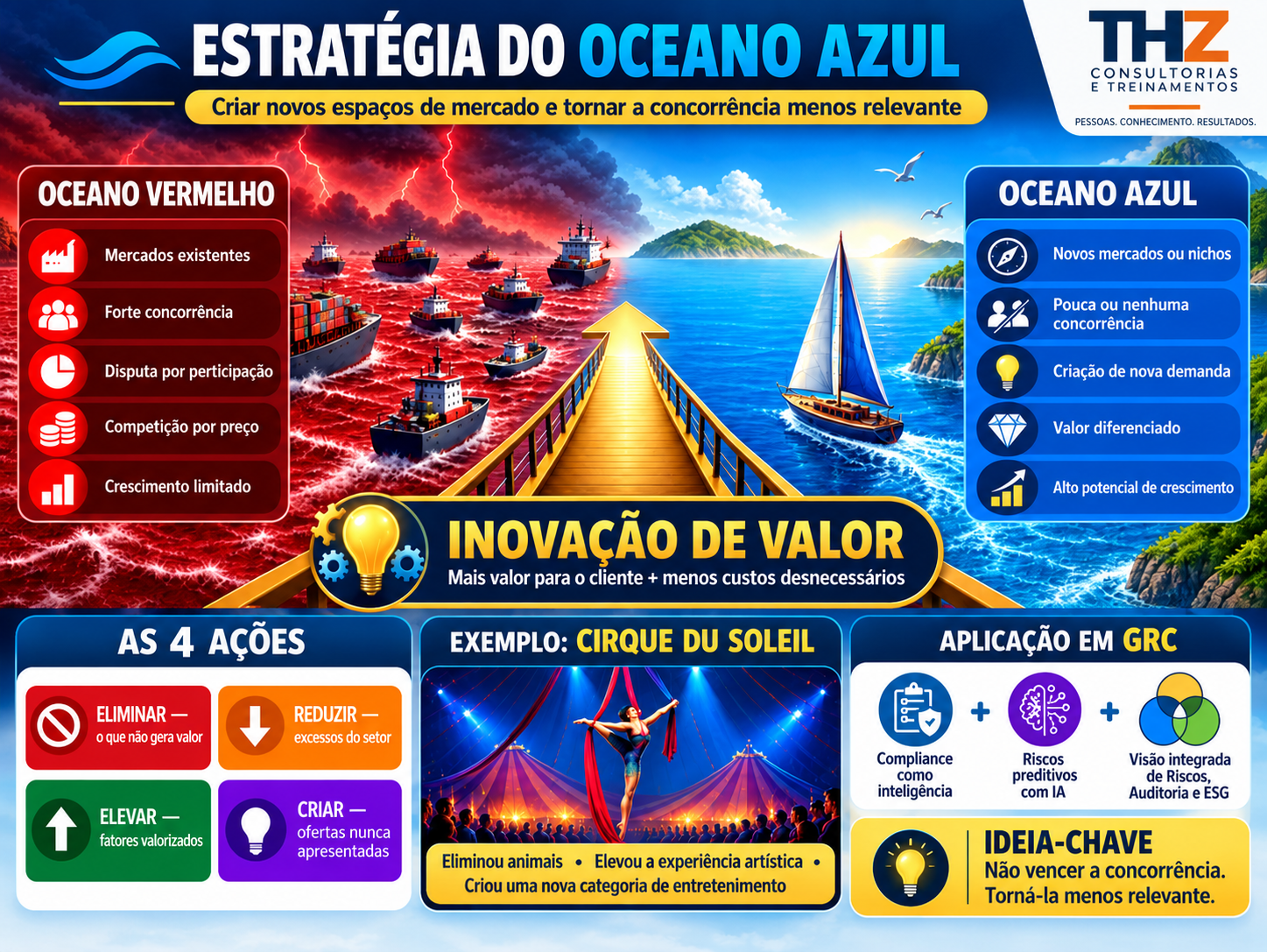 Infográfico comparando Oceano Vermelho e Oceano Azul e apresentando inovação de valor, quatro ações e exemplo do Cirque du Soleil