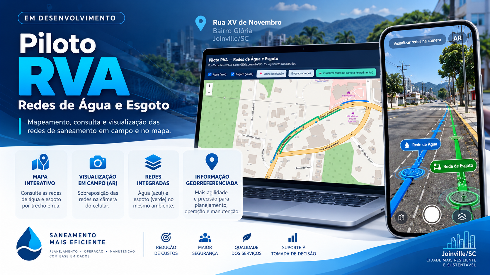 Capa do Piloto RVA com mapa de redes de água e esgoto e visualização em realidade aumentada