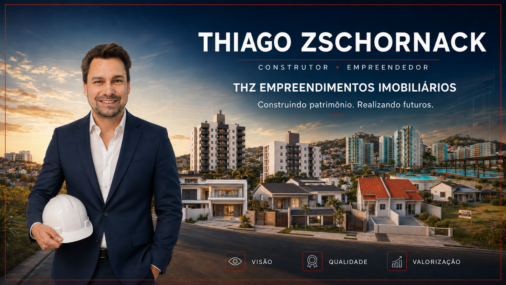 Thiago Zschornack, construtor e empreendedor da THZ, diante de imóveis do portfólio