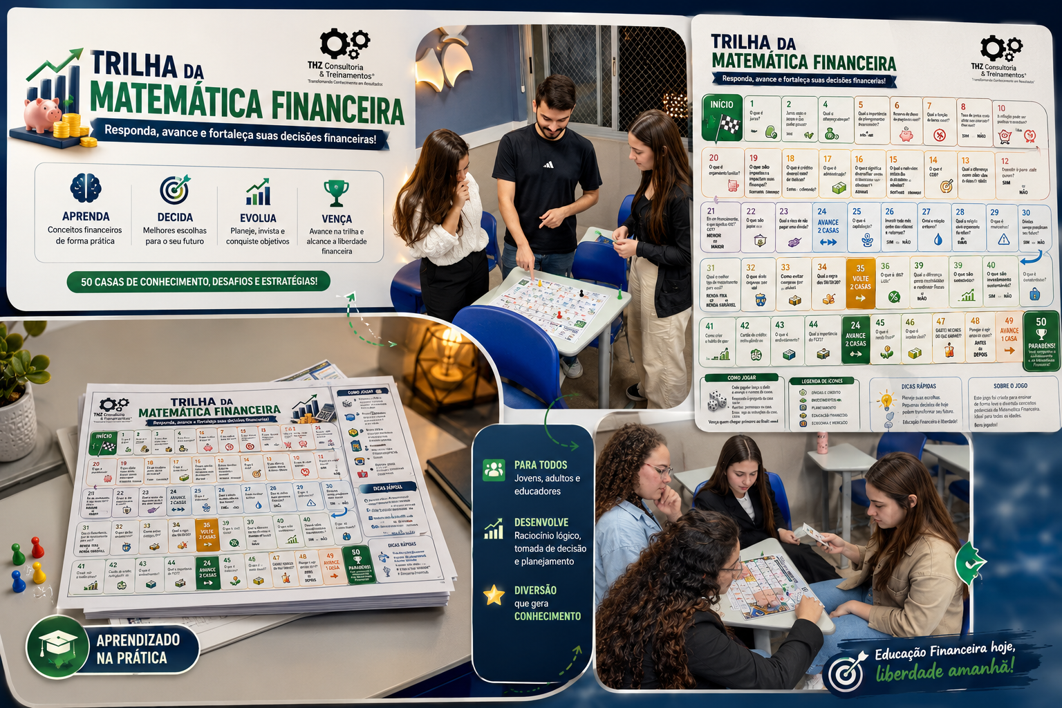 Exemplo de aplicação prática de jogo de tabuleiro com participantes e materiais de apoio