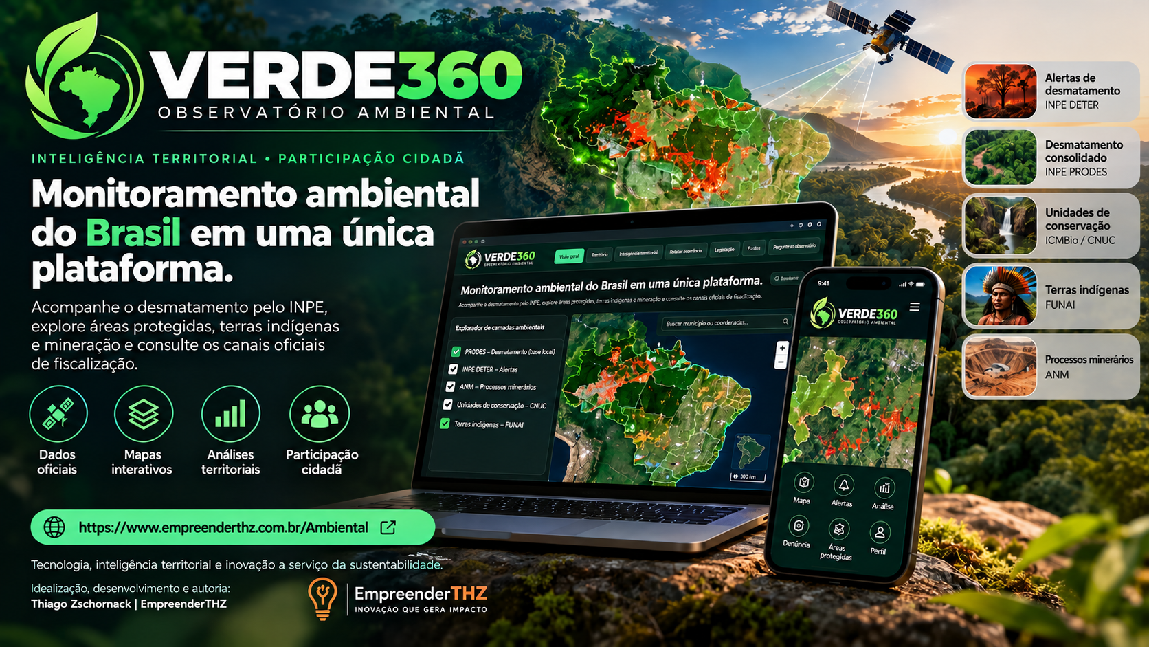 Capa do Verde360 com mapa ambiental do Brasil em computador e celular