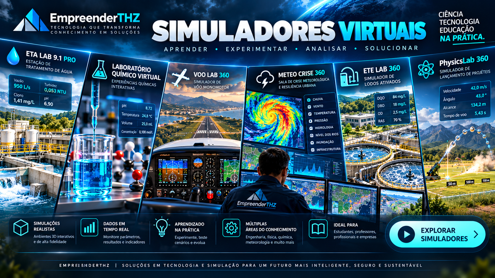 Capa dos Simuladores Virtuais EmpreenderTHZ, com laboratórios de saneamento, química, física, meteorologia e aviação