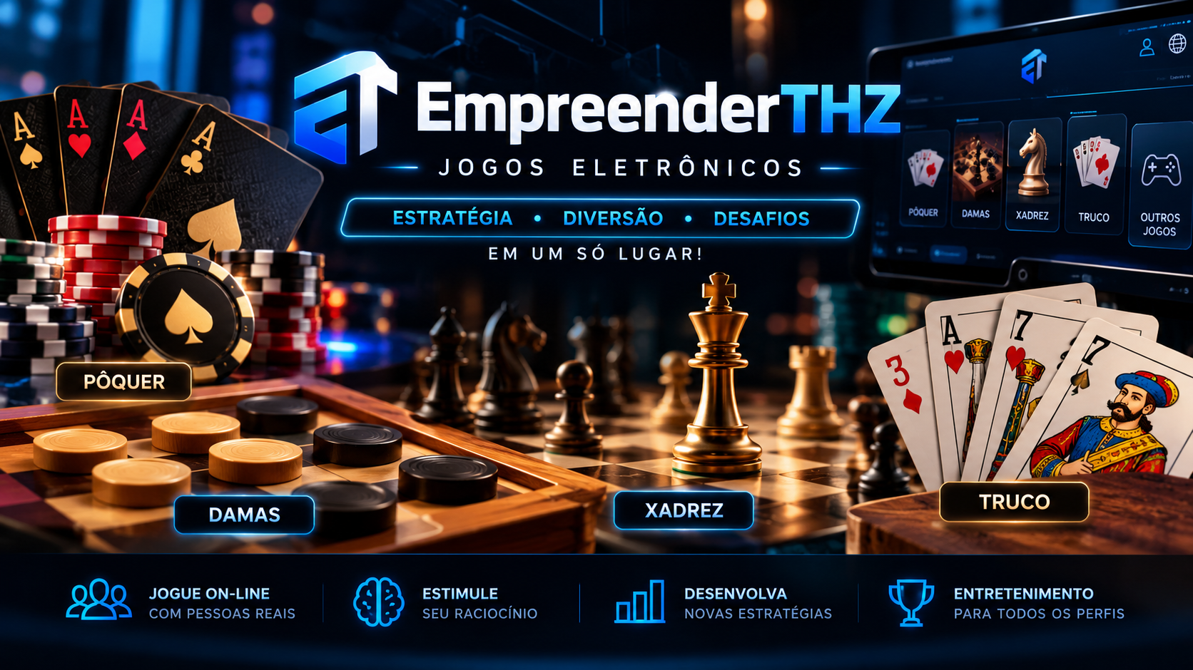Capa Jogos Eletrônicos EmpreenderTHZ com pôquer, damas, xadrez e truco